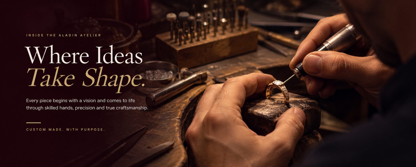 Inside the Aladin Atelier — Where Ideas Take Shape. A cinematic illustration of a jeweler crafting a ring.